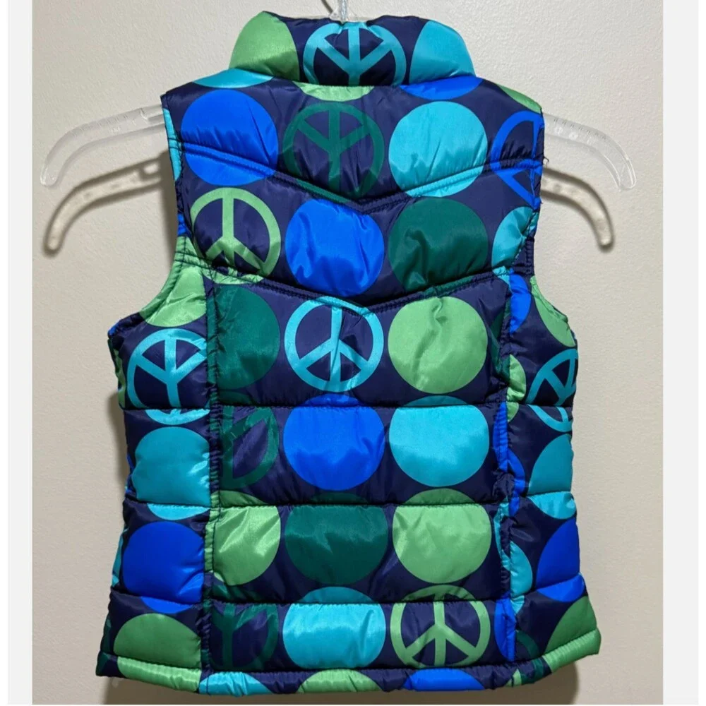 Old Navy Girls Puffer Vest XS Blue Green Peace Sign Bubble Y2K Retro Zip Coat